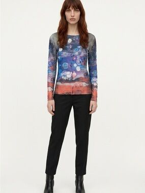 Long-Sleeve Abstract Print Women's Top in Blue and Coral